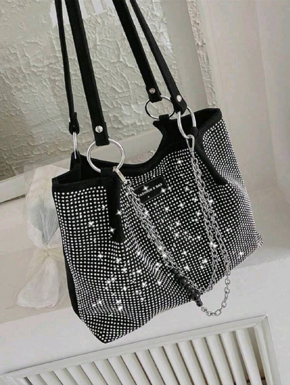Women Rhinestone Bling Chain Beautiful Sparkly Shoulder Tote - Picture 5 of 7